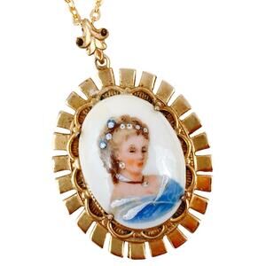 Antique Porcelain Cameo Portrait Pendant Hand-Painted Highlights, Gold-Filled